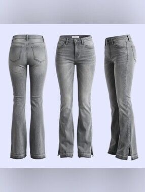🚺 27W/34L — KanCan Heidi Mid Rise Flare Jeans Exposed Hem 70's Inspired [GREY]